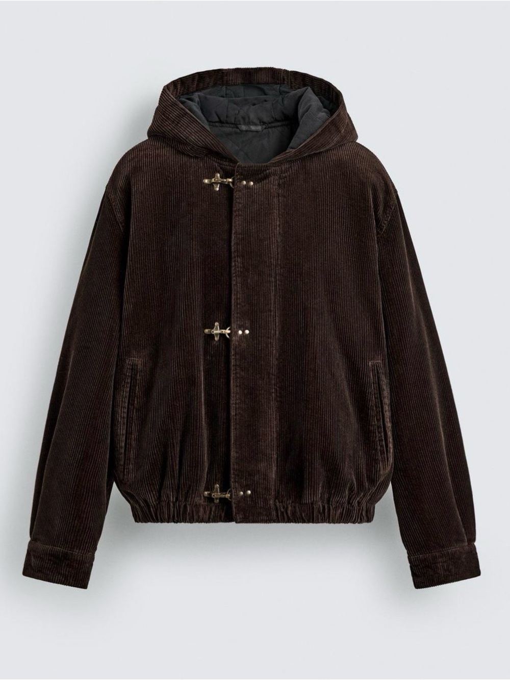 Zara Brown Corduroy Hooded Bomber Jacket with Toggle Closures